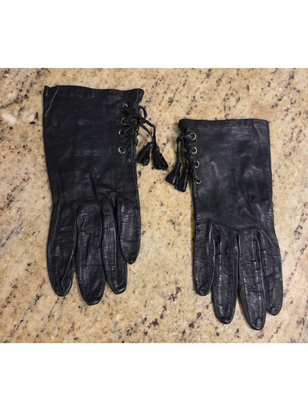Vintage Womens Size S/M 6.5 Black Leather Gloves Tassle Lace Grommet Biker